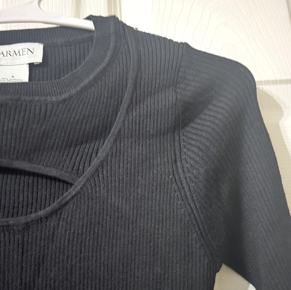 Ribbed Fitted Cutout 3/4 Sleeve Black Knit Sweater Top by Carmen Marc Valvo, EUC - Picture 5 of 8